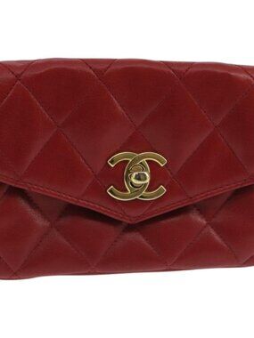 CHANEL Matelasse Waist bag Lamb Skin Red Gold CC Auth PP033
